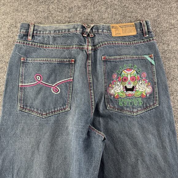 Y2K LRG Denim Jeans Baggy Embroidered Sugar Skull Rare Vintage Size 36 - Picture 1 of 11